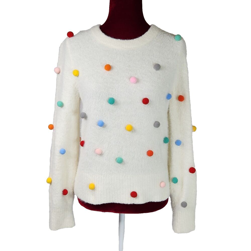 Old Navy Cream Eyelash Knit Multi-Color Pom Pom Confetti Sweater Medium Twee